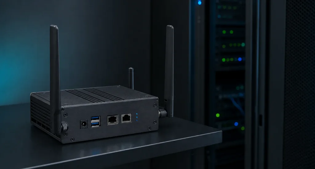 Illustration of a wireless assessment appliance with two Wi-Fi antennas and a cellular uplink